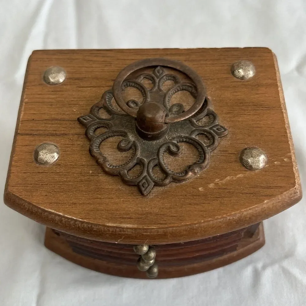 Vtg Wood & Cork Coaster Set of 8 Wood Caddy Carrier Brass Accents Boho Barware